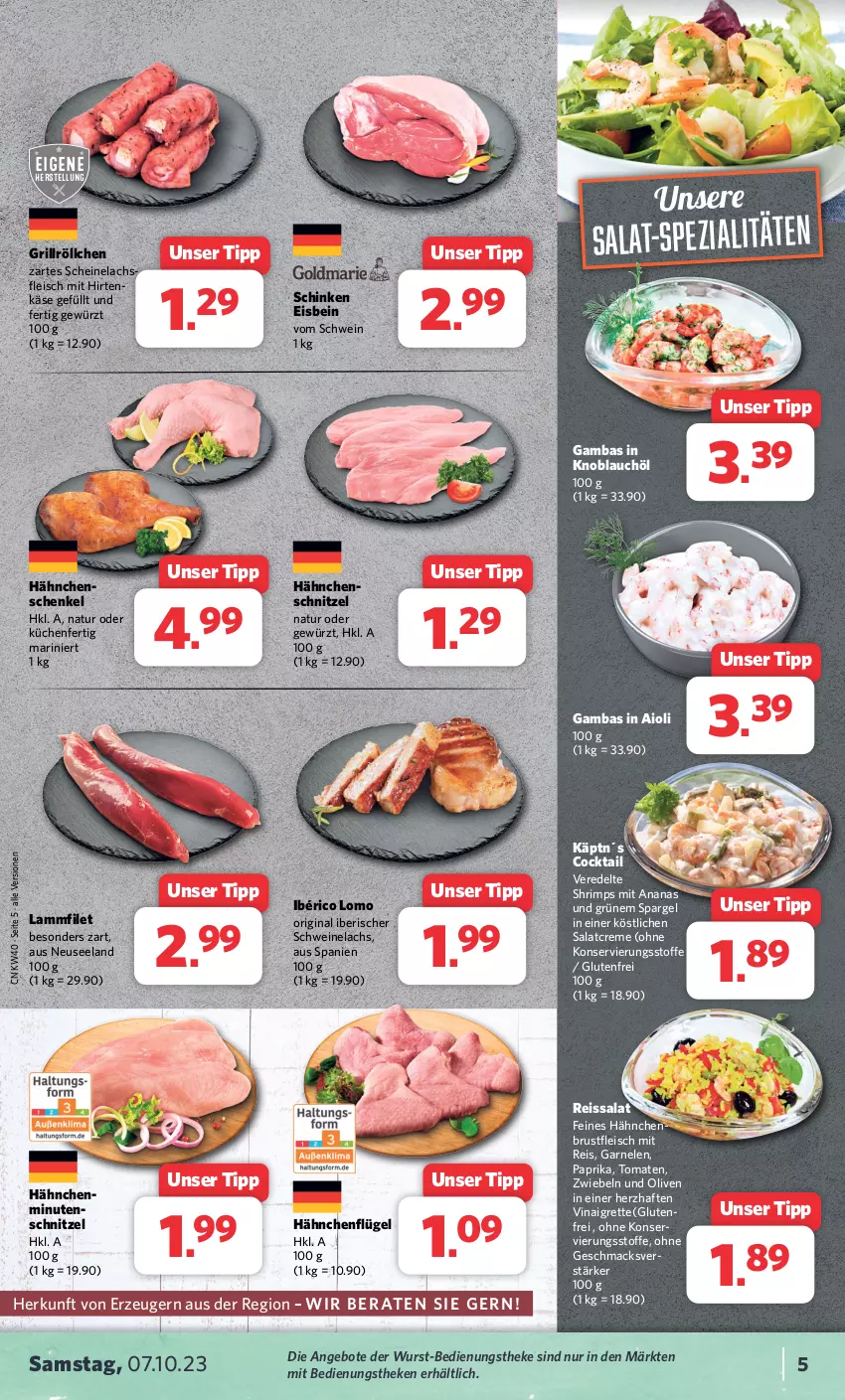 Aktueller Prospekt Combi - Prospekte - von 02.10 bis 07.10.2023 - strona 5 - produkty: aioli, ananas, angebot, angebote, cocktail, creme, eis, Elan, filet, fleisch, garnelen, gewürz, gin, grill, hähnchenflügel, henkel, Käse, knoblauch, küche, Küchen, lachs, lamm, mac, natur, olive, oliven, paprika, reis, reiss, salat, salatcreme, schenkel, schinken, schnitzel, schwein, schweine, Schweinelachs, spargel, Spezi, Ti, tomate, tomaten, wein, weine, wurst, zwiebel, zwiebeln