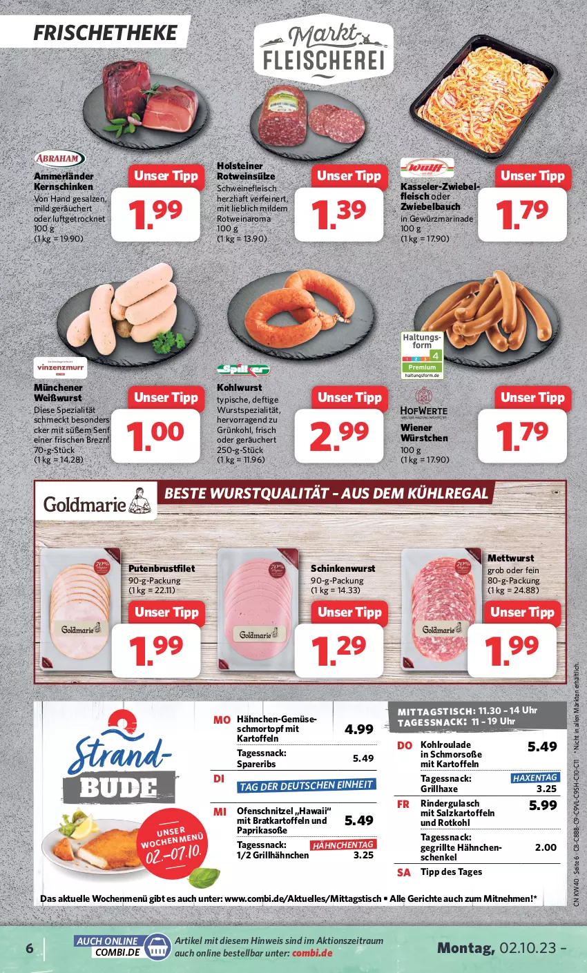 Aktueller Prospekt Combi - Prospekte - von 02.10 bis 07.10.2023 - strona 6 - produkty: ammerländer, aus dem kühlregal, axe, Bau, brustfilet, eis, elle, filet, fleisch, Gegrillte Hähnchenschenkel, gewürz, grill, grillhähnchen, grillhaxe, gulasch, hähnchenschenkel, Haxe, henkel, holsteiner, kartoffel, kartoffeln, kasseler, kernschinken, kühlregal, marinade, merl, Mett, mettwurst, Ofen, paprika, pute, putenbrust, putenbrustfilet, regal, rind, rinder, rindergulasch, rotkohl, rotwein, salz, schenkel, schinken, schinkenwurst, schnitzel, schwein, schweine, schweinefleisch, senf, snack, Soße, spareribs, Spezi, steiner, Ti, tisch, topf, uhr, wein, weine, Weißwurst, wiener, wiener würstchen, wurst, würstchen, zwiebel