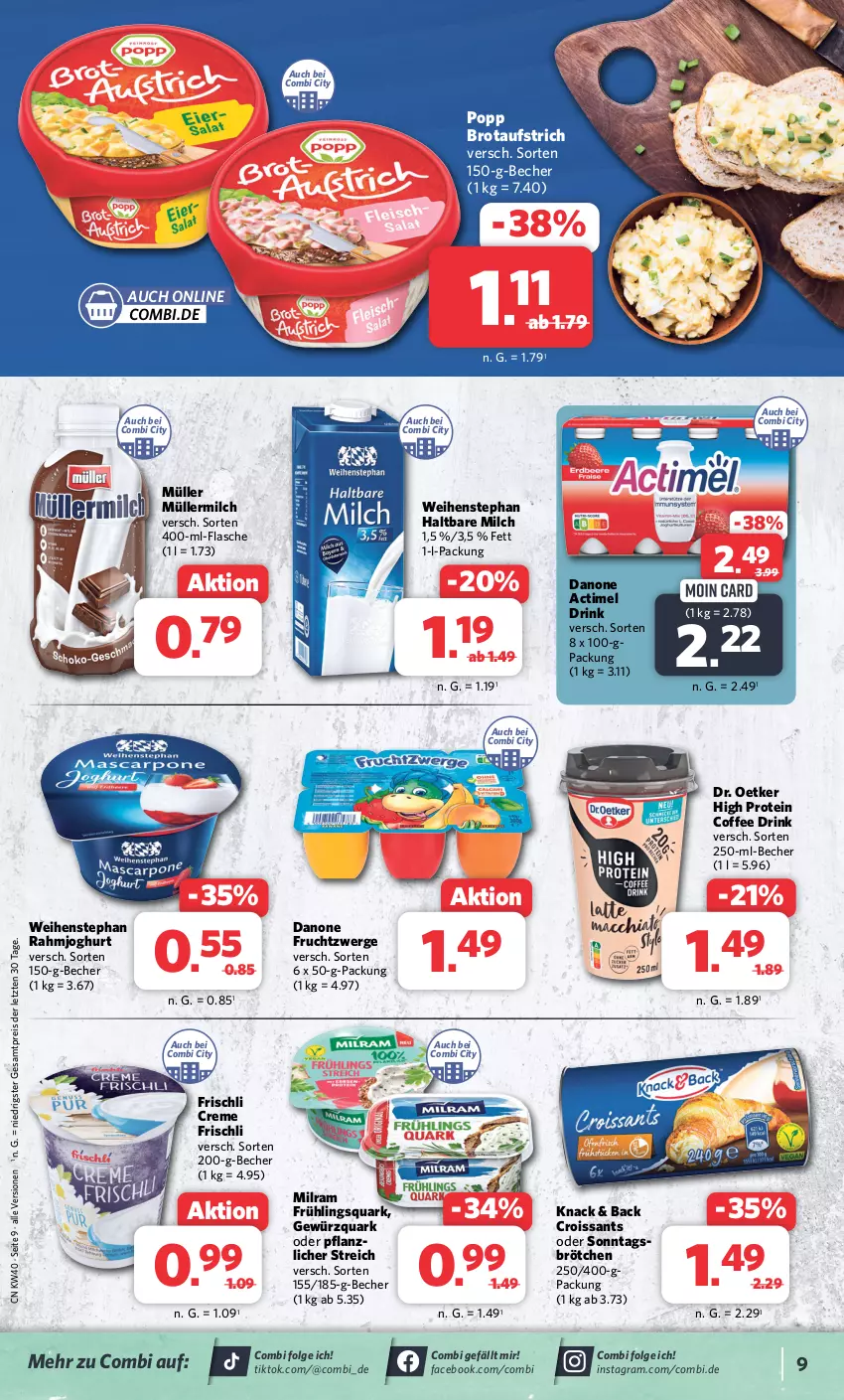 Aktueller Prospekt Combi - Prospekte - von 02.10 bis 07.10.2023 - strona 9 - produkty: actimel, actimel drink, aufstrich, Becher, brot, brotaufstrich, brötchen, creme, Croissant, croissants, danone, danone actimel drink, danone fruchtzwerge, Dr. Oetker, drink, eis, flasche, frischli, frucht, fruchtzwerge, gewürz, gewürzquark, haltbare milch, joghur, joghurt, LG, milch, milram, Müller, müllermilch, Popp, quark, rahmjoghurt, reis, Ti, weihenstephan, ZTE