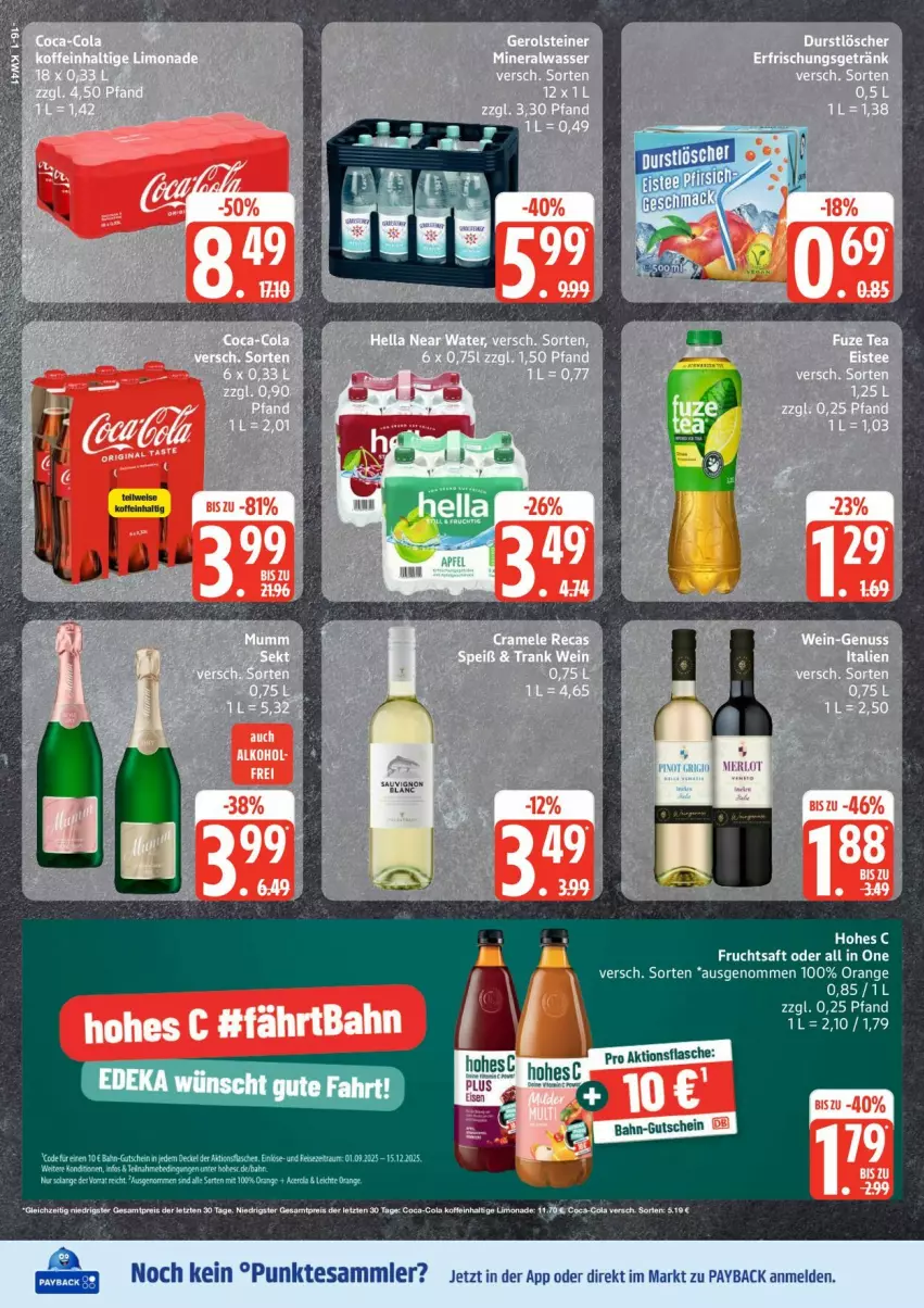 Aktueller Prospekt Edeka - Prospekte - von 06.10 bis 11.10.2025 - strona 16 - produkty: coca-cola, cola, eis, flasche, frucht, fruchtsaft, gutschein, Hohes C, limo, limonade, orange, payback, reis, saft, tesa, Ti, ZTE