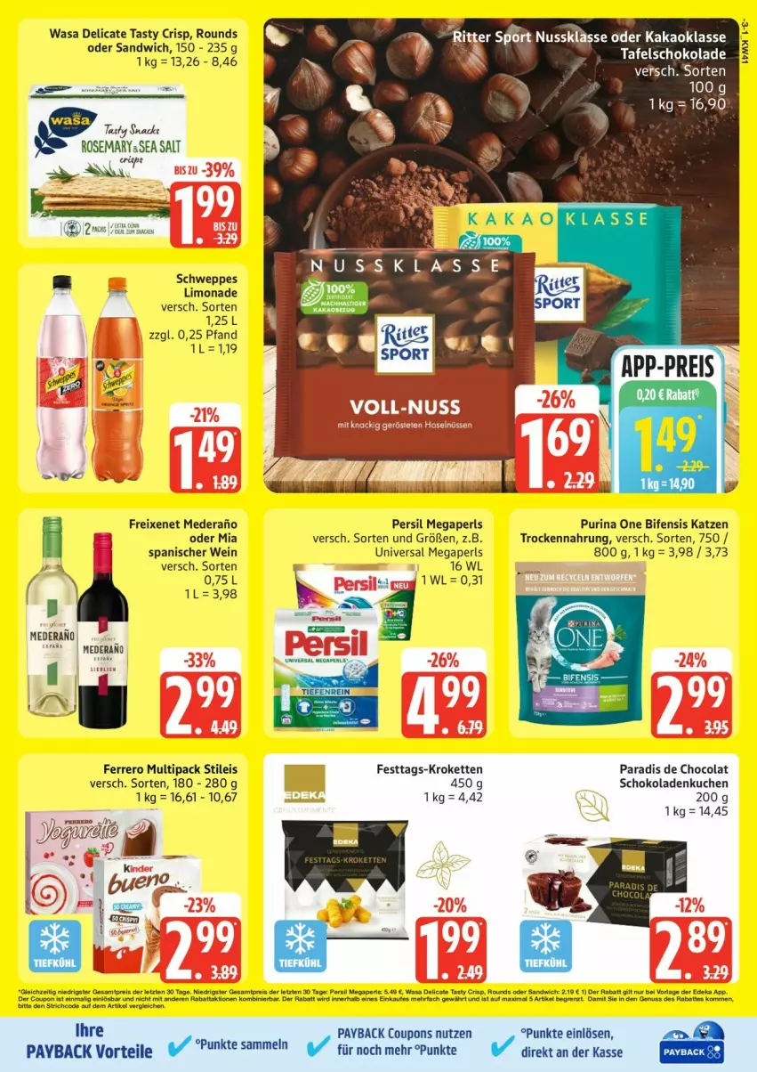 Aktueller Prospekt Edeka - Prospekte - von 06.10 bis 11.10.2025 - strona 3 - produkty: cola, coupon, coupons, deka, eis, ferrero, freixenet, kakao, Kette, Kroketten, kuchen, limo, limonade, megaperls, nuss, payback, persil, purina, reis, sandwich, schoko, schokolade, schokoladen, schweppes, snack, Sport, tafelschokolade, Ti, Trockennahrung, universal megaperls, wasa, wein, Yo, ZTE