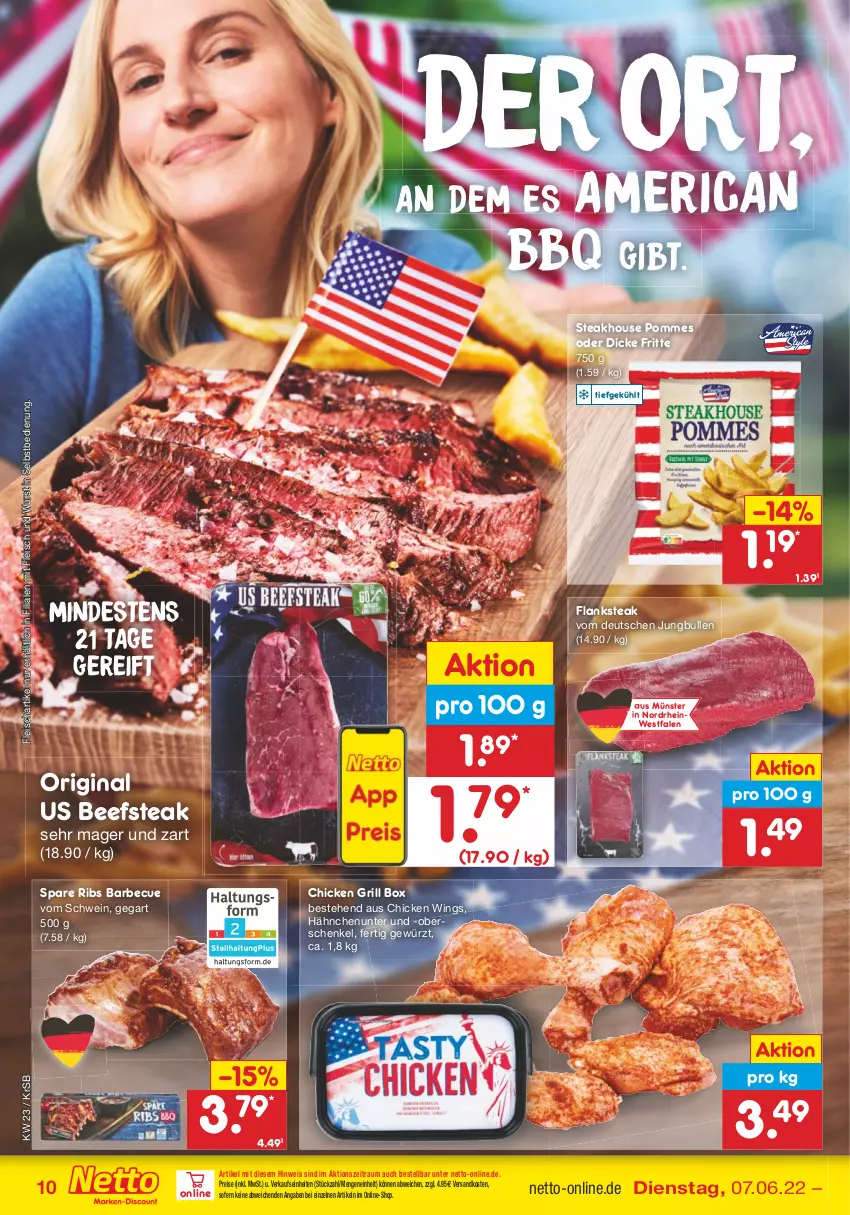 Aktueller Prospekt Netto Marken-Discount - Filial-Angebote - von 07.06 bis 11.06.2022 - strona 10 - produkty: barbecue, beef, chicken wings, eis, Flanksteak, fleisch, gewürz, gin, grill, henkel, jungbullen, ndk, pommes, reis, schenkel, schwein, spare ribs, steak, Ti, wein, wurst, wurst in selbstbedienung