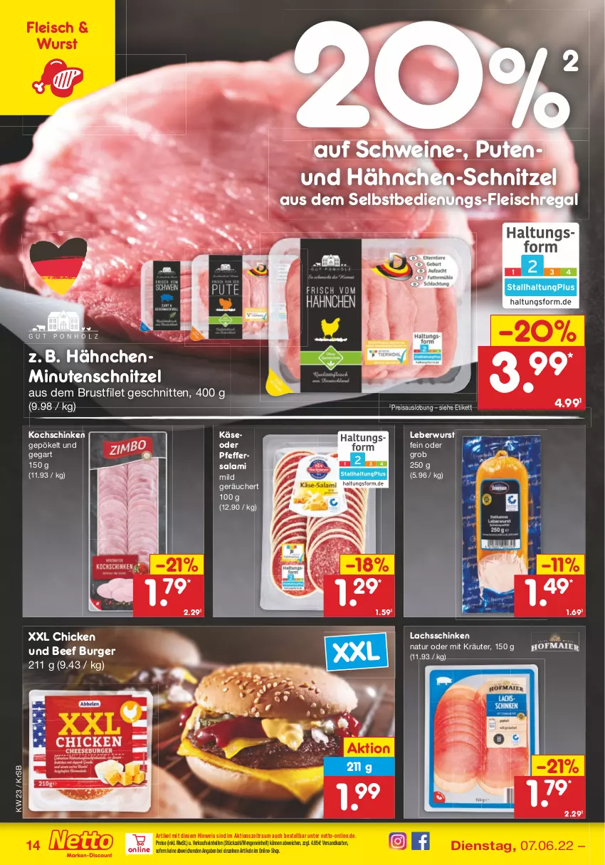 Aktueller Prospekt Netto Marken-Discount - Filial-Angebote - von 07.06 bis 11.06.2022 - strona 14 - produkty: beef, brustfilet, burger, eis, filet, fleisch, Käse, kochschinken, kräuter, lachs, lachsschinken, leberwurst, minutenschnitzel, natur, ndk, pfeffer, pute, regal, reis, salami, schinken, schnitten, schnitzel, schwein, schweine, Ti, wein, weine, wurst