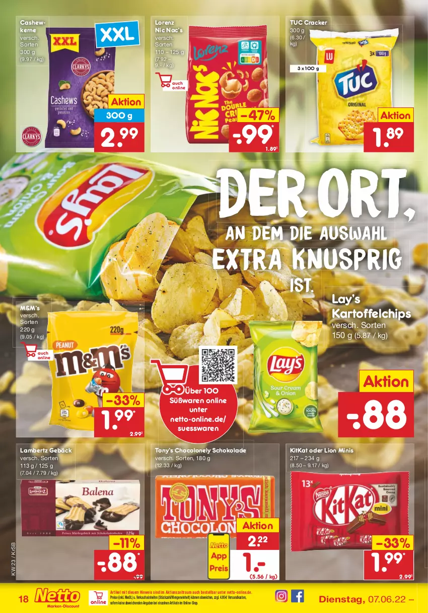 Aktueller Prospekt Netto Marken-Discount - Filial-Angebote - von 07.06 bis 11.06.2022 - strona 18 - produkty: Amber, Cashew, cashewkerne, chips, cracker, eis, kartoffel, kartoffelchips, kitkat, lambertz, lion, lorenz, ndk, reis, schoko, schokolade, Ti, tuc