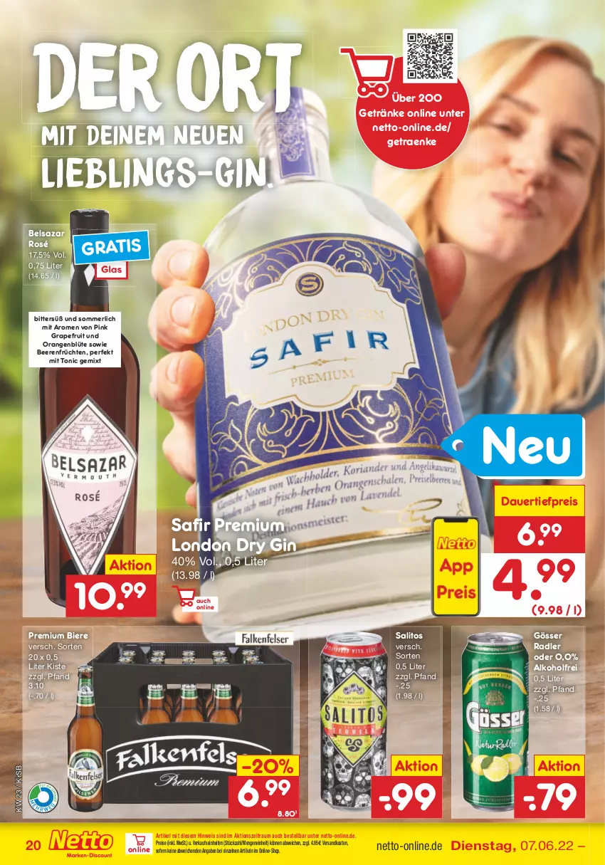 Aktueller Prospekt Netto Marken-Discount - Filial-Angebote - von 07.06 bis 11.06.2022 - strona 20 - produkty: alkohol, auer, beere, beeren, Belsazar, bier, Biere, Blüte, dauertiefpreis, dry gin, eis, früchte, früchten, getränk, getränke, gin, gösser, grapefruit, london dry, london dry gin, merl, ndk, orange, orangen, radler, reis, Ti, tiefpreis, tonic