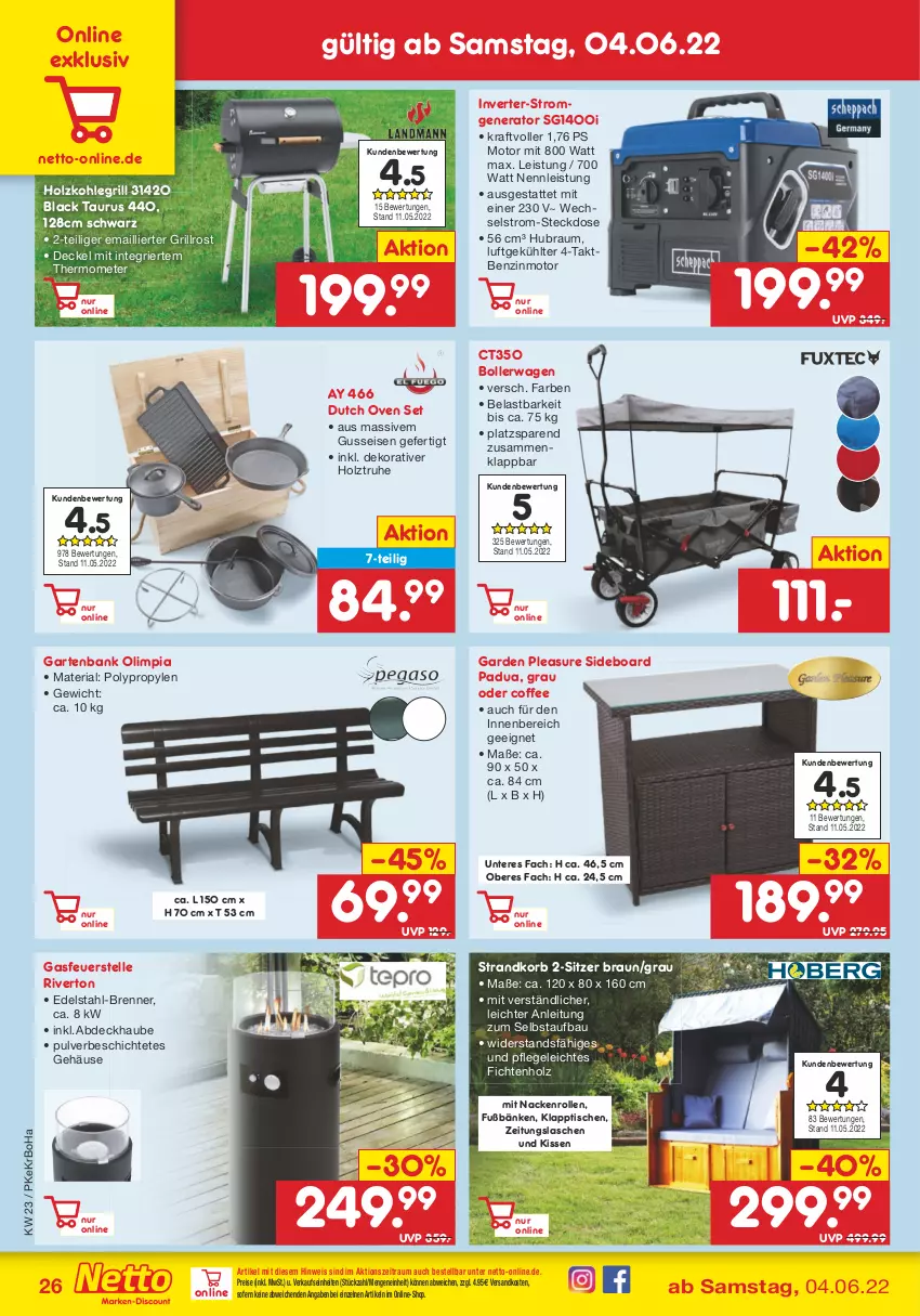 Aktueller Prospekt Netto Marken-Discount - Filial-Angebote - von 07.06 bis 11.06.2022 - strona 26 - produkty: abdeckhaube, Bank, Bau, bollerwagen, braun, decke, Deckel, edelstahl, eis, elle, Garten, gartenbank, grill, grillrost, Holz, holzkohle, holzkohlegrill, kissen, klapptisch, Kohlegrill, korb, kraft, lack, ndk, reis, Ria, sideboard, steckdose, strandkorb, thermometer, Ti, tisch