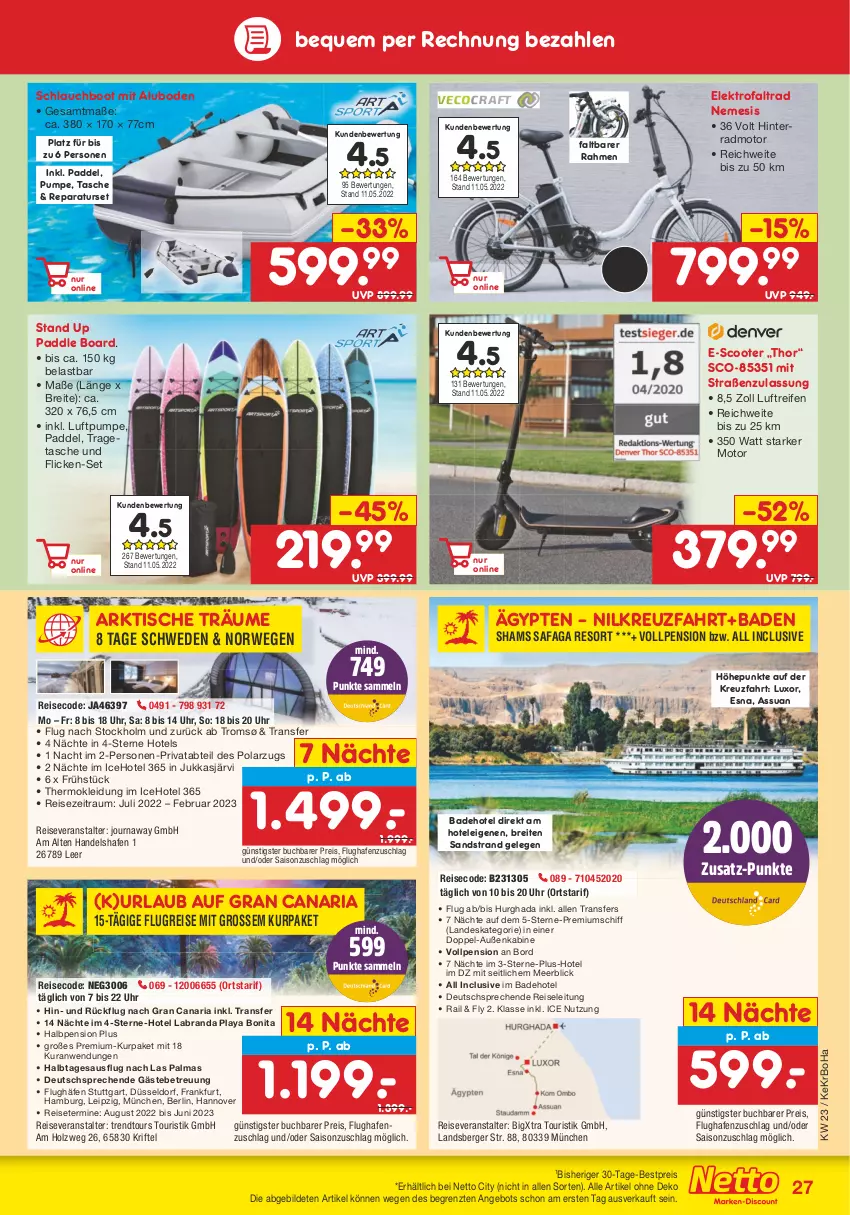 Aktueller Prospekt Netto Marken-Discount - Filial-Angebote - von 07.06 bis 11.06.2022 - strona 27 - produkty: Abtei, angebot, Bad, Berger, bestpreis, bonita, Brei, buch, eis, Elektro, Holz, kleid, Kleidung, labranda, reifen, reis, reiseveranstalter, Ria, rwe, schlauch, scooter, Tasche, Ti, tisch, tragetasche, trendtours touristik gmbh, uhr, ZTE