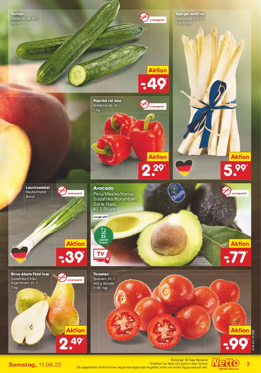 Aktueller Prospekt Netto Marken-Discount - Filial-Angebote - von 07.06 bis 11.06.2022 - strona 7 - produkty: angebot, asti, avocado, bestpreis, eis, gurke, gurken, Lauchzwiebel, paprika, paprika rot, reis, Schal, Schale, spargel, Ti, tomate, tomaten, ZTE, zwiebel