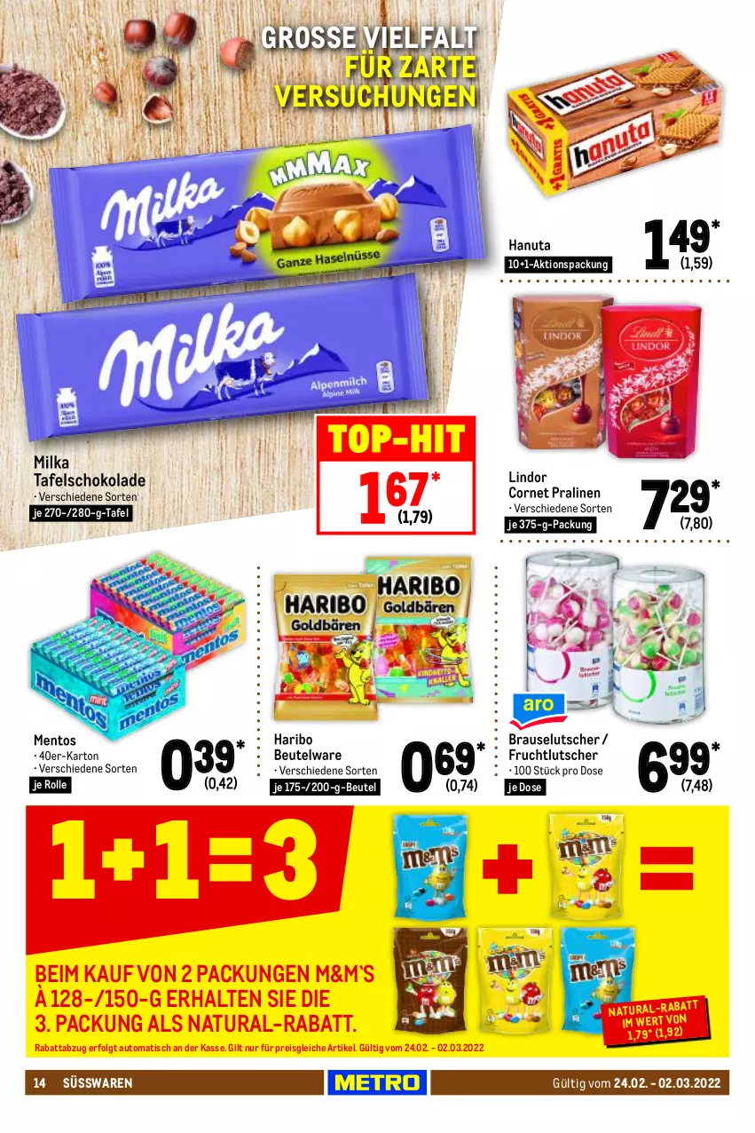 Aktueller Prospekt Metro - Food - von 24.02 bis 02.03.2022 - strona 14 - produkty: auto, beutel, brause, eis, frucht, hanuta, haribo, LG, lindor, Lutscher, mentos, milka, natur, natura, pralinen, reis, schoko, schokolade, süsswaren, tafelschokolade, Ti, tisch, top-hit