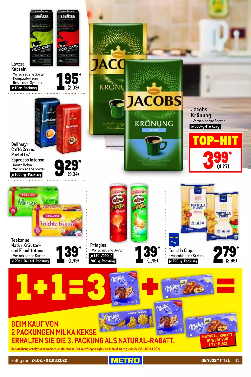 Aktueller Prospekt Metro - Food - von 24.02 bis 02.03.2022 - strona 15 - produkty: auto, beutel, bohne, caffè crema, chips, dallmayr, eis, espresso, früchte, Früchtetee, intenso, jacobs, jacobs krönung, keks, kekse, kräuter, LG, milka, natur, natura, nespresso, nuss, pringles, reis, ring, tee, teekanne, Ti, tisch, top-hit, tortilla, Tortilla Chips