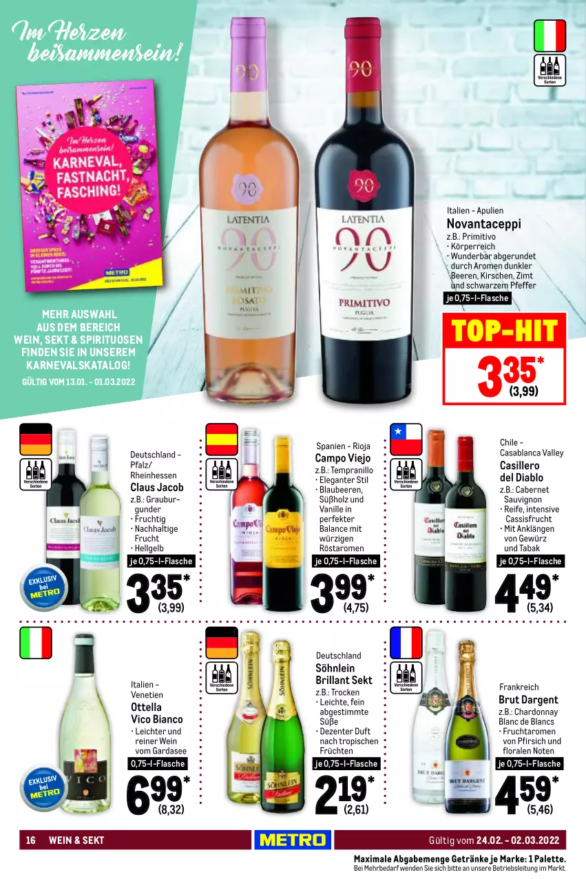 Aktueller Prospekt Metro - Food - von 24.02 bis 02.03.2022 - strona 16 - produkty: beere, beeren, Blaubeer, blaubeere, brillant sekt, brut, brut dargent, burgunder, cabernet, cabernet sauvignon, campo viejo, cassis, chardonnay, de blancs, eis, ente, flasche, frucht, früchte, früchten, getränk, getränke, gewürz, grauburgunder, Holz, kirsch, kirsche, kirschen, LG, Palette, pfeffer, pfirsich, primitivo, rioja, sauvignon, sekt, söhnlein, söhnlein brillant, spirituosen, tempranillo, Ti, top-hit, vanille, wein