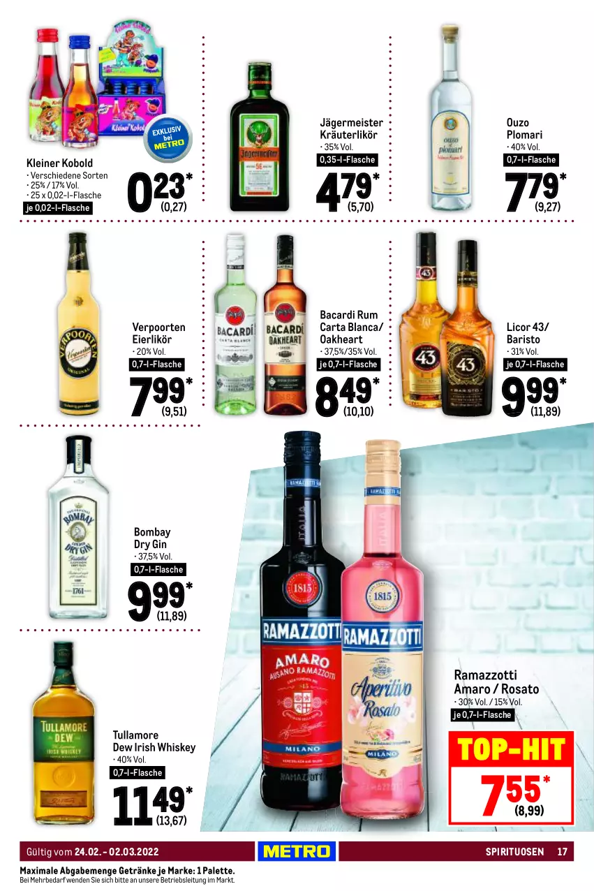 Aktueller Prospekt Metro - Food - von 24.02 bis 02.03.2022 - strona 17 - produkty: amaro, bacardi, bacardi rum, dry gin, eier, eierlikör, eis, flasche, Germ, getränk, getränke, gin, irish whiskey, jägermeister, kräuter, kräuterlikör, leine, licor, licor 43, likör, Meister, oakheart, ouzo, Palette, rama, ramazzott, ramazzotti, rosato, rum, spirituosen, Ti, top-hit, tullamore, tullamore dew, verpoorten, whiskey, zott