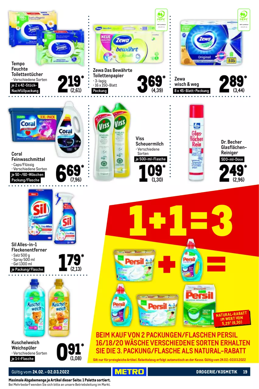 Aktueller Prospekt Metro - Food - von 24.02 bis 02.03.2022 - strona 19 - produkty: auto, Becher, Cap, Coral, eis, feinwaschmittel, flasche, Fleckenentferner, Heu, je 500-ml-flasche, kosmetik, Kuschelweich, LG, milch, natur, natura, Palette, papier, persil, reiniger, reis, salz, scheuermilch, Tempo, Ti, tisch, toilettenpapier, toilettentücher, tücher, waschmittel, weichspüler, zewa