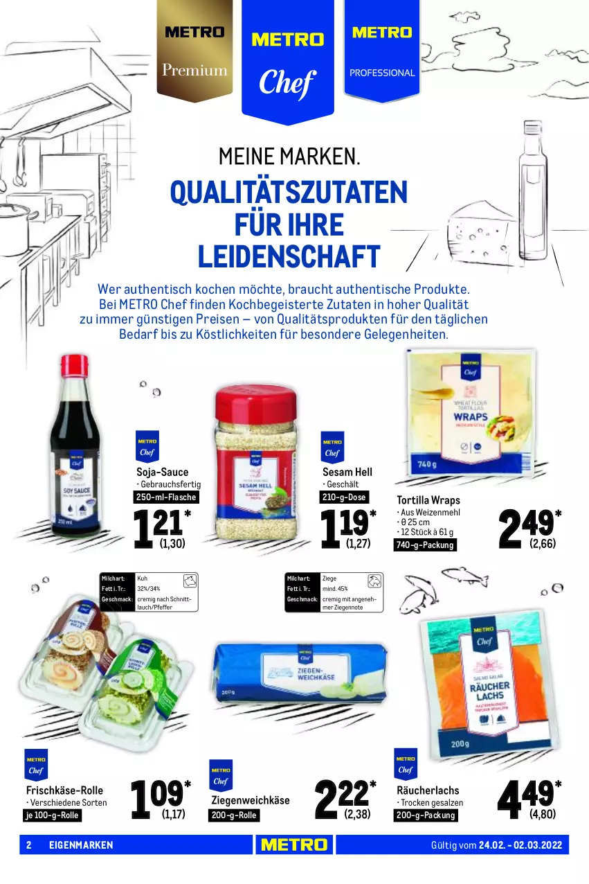 Aktueller Prospekt Metro - Food - von 24.02 bis 02.03.2022 - strona 2 - produkty: eis, flasche, frischkäse, Käse, lachs, mac, mehl, Metro, milch, pfeffer, Rauch, Räucherlachs, reis, salz, sauce, schnittlauch, sesam, soja, Ti, tisch, tortilla, weichkäse, weizenmehl, wrap, wraps