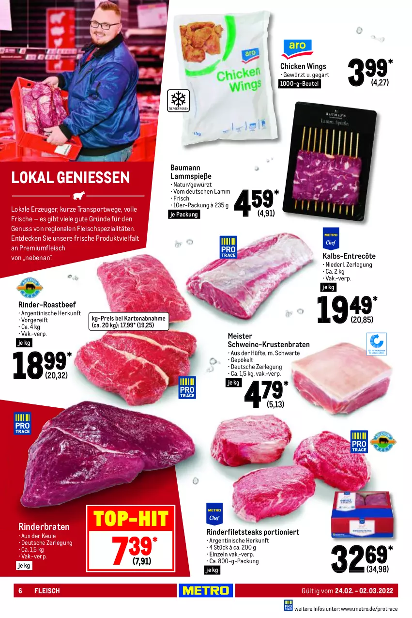 Aktueller Prospekt Metro - Food - von 24.02 bis 02.03.2022 - strona 6 - produkty: Bau, beef, beutel, braten, chicken wings, decke, eis, entrecôte, filet, filets, fleisch, gewürz, krustenbraten, lamm, Lammspieße, Meister, Metro, natur, nuss, reis, rind, rinder, rinderbraten, rinderfilet, roastbeef, schwein, schweine, Spezi, Sport, steak, steaks, Ti, top-hit, wein, weine