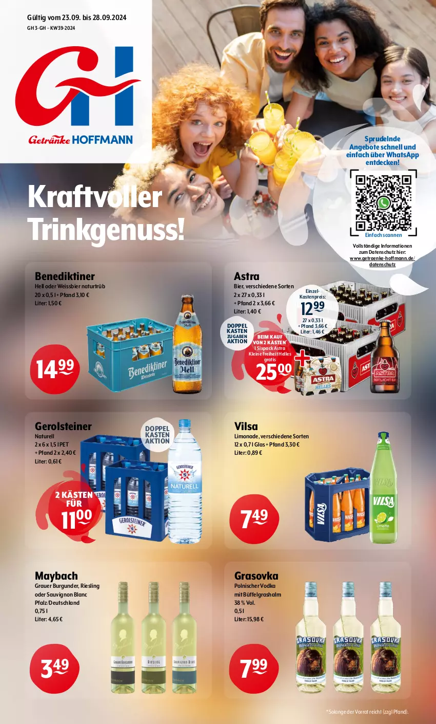 Aktueller Prospekt Getraenke Hoffmann - Prospekte - von 23.09 bis 28.09.2024 - strona 1 - produkty: angebot, angebote, Astra, auer, Benediktiner, bier, burgunder, decke, eis, elle, gerolsteine, gerolsteiner, grauer burgunder, kraft, leine, LG, limo, limonade, maybach, natur, nuss, reis, rel, riesling, sauvignon, sauvignon blanc, Sprudel, steiner, Ti, vilsa, vodka, weissbier