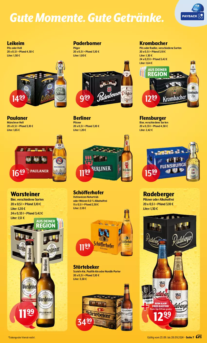 Aktueller Prospekt Getraenke Hoffmann - Prospekte - von 23.09 bis 28.09.2024 - strona 7 - produkty: alkohol, Berger, berliner, bier, burger, ente, flensburger, getränk, getränke, Hefe, hefeweizen, krombache, krombacher, krombacher pils, LG, natur, oder radler, Paula, paulaner, pils, pilsner, Push-up, radeberger, radeberger pilsner, radler, schöfferhofer, scotch, steiner, störtebeker, Ti, warsteiner