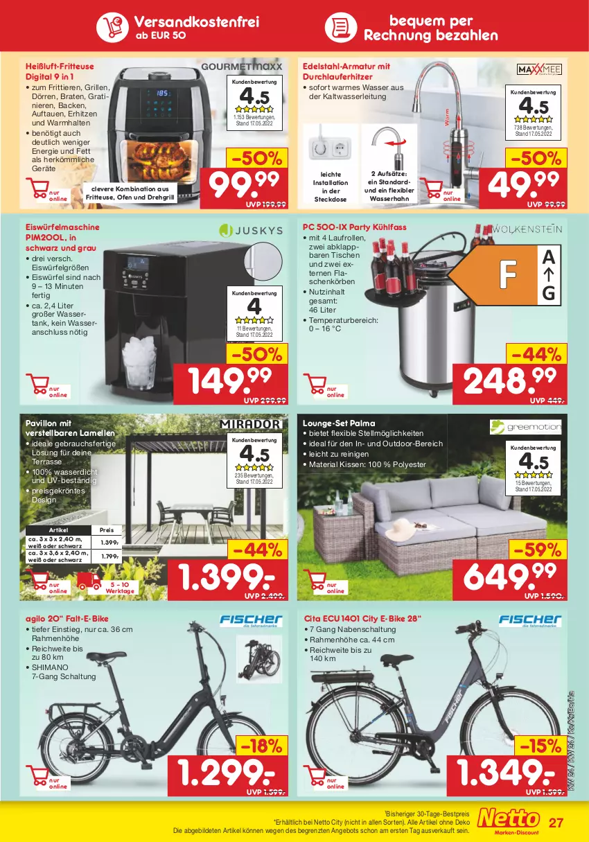 Aktueller Prospekt Netto Marken-Discount - Filial-Angebote - von 13.06 bis 18.06.2022 - strona 27 - produkty: angebot, armatur, bestpreis, braten, E-Bike, edelstahl, eis, eiswürfel, elle, flasche, fritteuse, grill, kissen, LG, lounge-set, ndk, Ofen, pavillon, Rauch, reis, Ria, Schal, shimano, steckdose, Ti, Tiere, tisch, versandkostenfrei, wasser, wassertank, würfel, ZTE