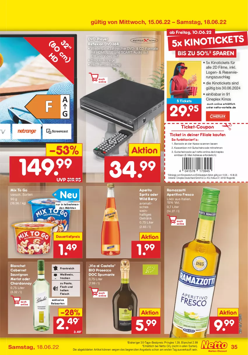 Aktueller Prospekt Netto Marken-Discount - Filial-Angebote - von 13.06 bis 18.06.2022 - strona 35 - produkty: angebot, auer, bestpreis, bio, cabernet, cabernet sauvignon, chardonnay, cin, coupon, dauertiefpreis, deo, dvd, ecco, eis, elle, fernbedienung, fisch, fleisch, getränk, gutschein, HDMI, likör, merl, merlot, pasta, pringles, prosecco, puma, rama, ramazzott, ramazzotti, reis, ring, sauvignon, spumante, Ti, tiefpreis, tisch, usb, wein, Weißwein, Wild, wild berry, zott, ZTE