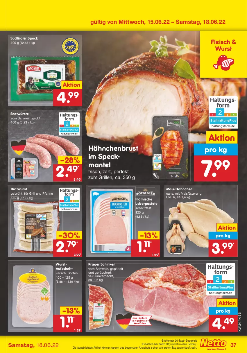 Aktueller Prospekt Netto Marken-Discount - Filial-Angebote - von 13.06 bis 18.06.2022 - strona 37 - produkty: angebot, aufschnitt, bestpreis, bratwurst, eis, fleisch, für grill und pfanne, grill, grill und pfanne, hähnchenbrust, mais, Mantel, pastete, pfanne, reis, schinken, schwein, Speck, südtiroler, Ti, und pfanne, wein, wurst, ZTE