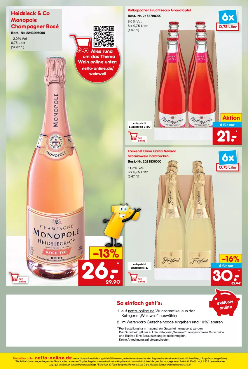 Aktueller Prospekt Netto Marken-Discount - Filial-Angebote - von 13.06 bis 18.06.2022 - strona 42 - produkty: angebot, apfel, bestpreis, Cava, champagne, champagner, ecco, eis, erde, freixenet, frucht, fruchtsecco, grana, granatapfel, gutschein, gutscheine, korb, ndk, Rana, reis, rotkäppchen, Ti, versandkostenfrei, wein, ZTE