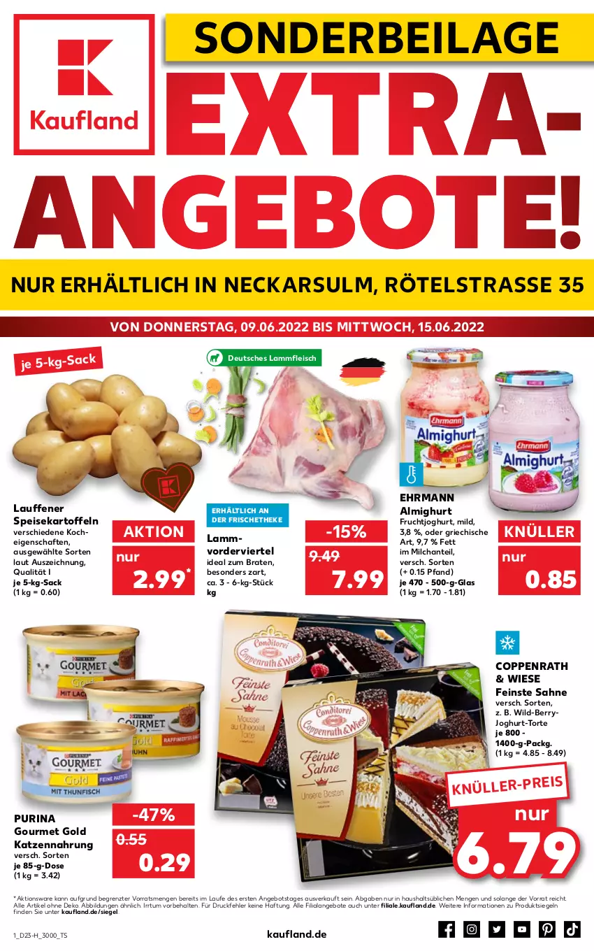 Aktueller Prospekt Kaufland - Spezielle Angebote - von 09.06 bis 15.06.2022 - strona 1 - produkty: almighur, almighurt, angebot, angebote, braten, coppenrath, ehrmann, ehrmann almighurt, eis, fleisch, frucht, fruchtjoghurt, gourmet gold, ideal zum braten, ilag, joghur, joghurt, kartoffel, kartoffeln, katzennahrung, lamm, Lammfleisch, milch, purina, sac, sahne, speisekartoffeln, Ti, torte, Wild, ZTE