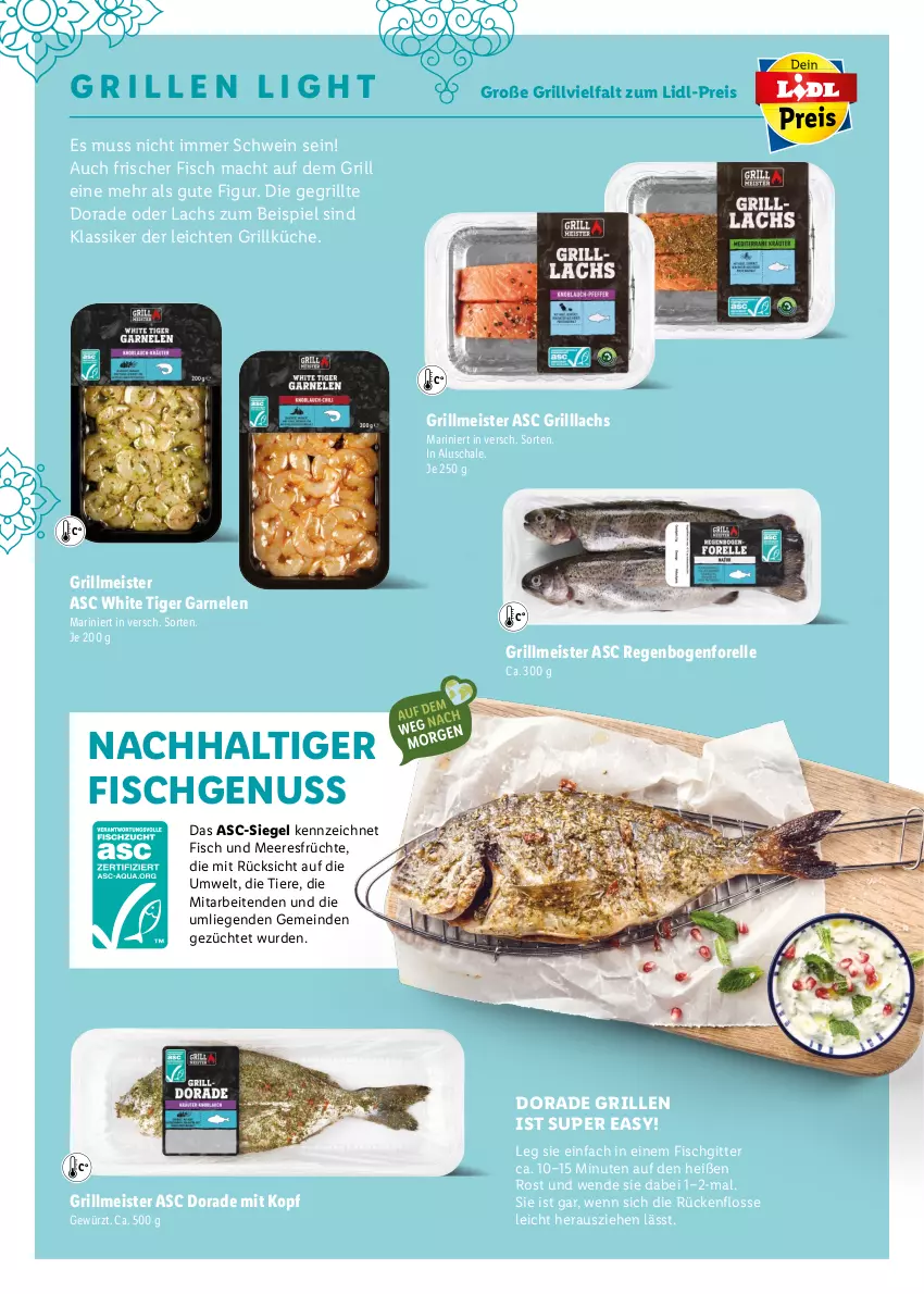 Aktueller Prospekt Lidl - Grillen-Magazin - von 25.04 bis 25.09.2022 - strona 18 - produkty: Dorade, eis, elle, fisch, Fisch und Meeresfrüchte, forelle, früchte, garnelen, gewürz, grill, küche, lachs, Liege, mac, meeresfrüchte, Meister, nuss, reis, rel, Schal, Schale, schwein, Ti, Tiere, wein