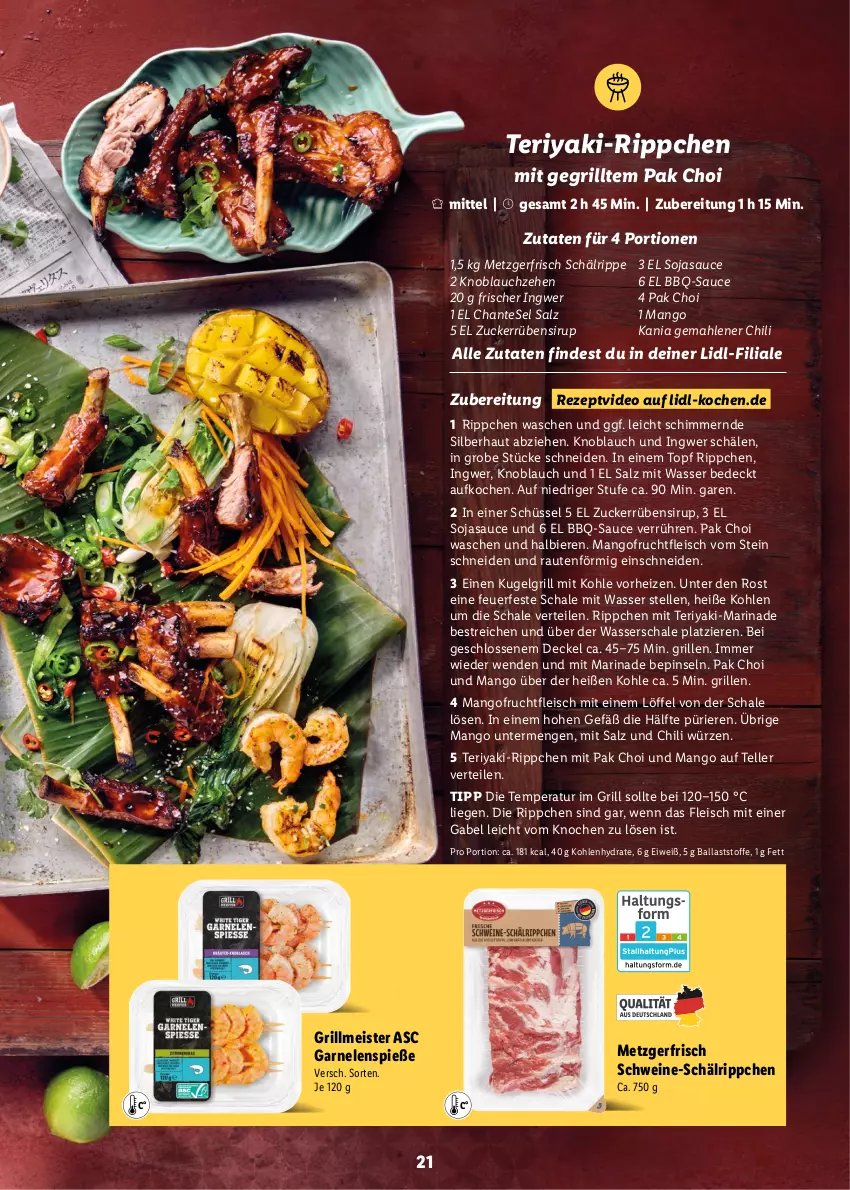 Aktueller Prospekt Lidl - Grillen-Magazin - von 25.04 bis 25.09.2022 - strona 21 - produkty: ball, bbq-sauce, bier, Biere, chili, decke, Deckel, deo, eis, elle, fleisch, frucht, fruchtfleisch, gabel, garnelen, grill, ingwer, knoblauch, Kugel, kugelgrill, LG, Liege, Löffel, mango, marinade, Meister, Pak Choi, Pinsel, rezept, salz, sauce, Schal, Schale, schüssel, schwein, schweine, sirup, soja, sojasauce, teller, Ti, topf, wasser, wein, weine, zucker