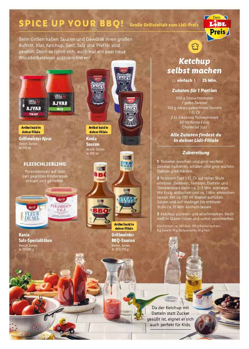 Aktueller Prospekt Lidl - Grillen-Magazin - von 25.04 bis 25.09.2022 - strona 26 - produkty: Ajvar, alesto, ball, bbq-sauce, bier, Biere, braten, Datteln, eis, essig, fleisch, gewürz, Gläser, grill, ketchup, mac, Meister, pfeffer, Rauch, reis, rind, rinder, Rindersteak, salz, sauce, saucen, senf, Spezi, steak, strauchtomaten, Ti, tomate, tomaten, tomatenmark, topf, wasser, würfel, Yo, zucker, zwiebel, zwiebeln