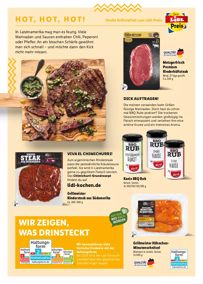 Aktueller Prospekt Lidl - Grillen-Magazin - von 25.04 bis 25.09.2022 - strona 6 - produkty: bier, chili, eis, erde, fleisch, gewürz, Gewürzmischung, grill, hüftsteak, kräuter, Liege, marinade, Meister, minutenschnitzel, peperoni, Peroni, pesto, pfeffer, reis, rezept, rind, rinder, Rindersteak, rwe, sauce, saucen, schnitzel, steak, Ti