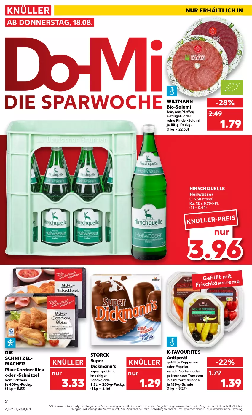 Aktueller Prospekt Kaufland - Spezielle Angebote - von 18.08 bis 24.08.2022 - strona 2 - produkty: angebot, antipasti, asti, bio, Bio-Salami, Dickmann's, eis, elle, frischkäse, Geflügel, Getrocknete Tomaten, Käse, kräuter, mac, marinade, paprika, Peroni, pfeffer, rind, rinder, salami, Schal, Schale, schnitzel, schoko, schokolade, schwein, storck, Ti, tomate, tomaten, wasser, wein, wiltmann, ZTE