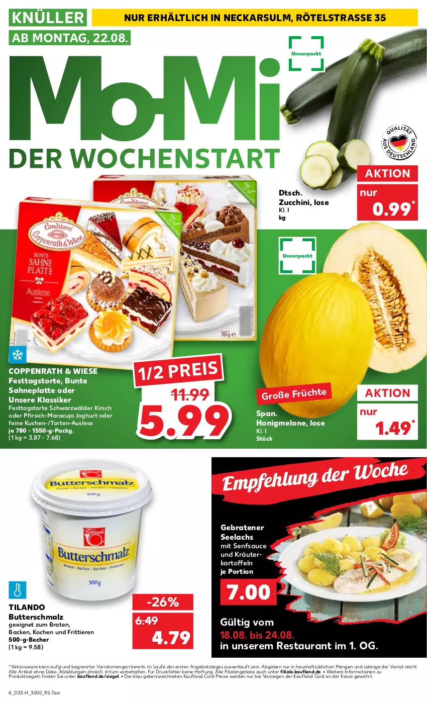 Aktueller Prospekt Kaufland - Spezielle Angebote - von 18.08 bis 24.08.2022 - strona 8 - produkty: angebot, angebote, Becher, braten, butter, Butterschmalz, coppenrath, eis, erde, honig, honigmelone, joghur, joghurt, kartoffel, kartoffeln, kirsch, kräuter, kuchen, lachs, latte, malz, maracuja, melone, pfirsich, reis, sahne, sauce, Schmalz, senf, Ti, Tiere, torte, ZTE, zucchini