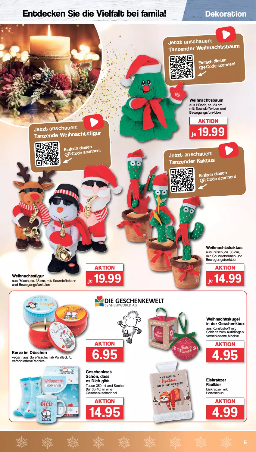 Aktueller Prospekt Famila - Prospekte - von 07.11 bis 12.11.2022 - strona 5 - produkty: Bau, decke, dekoration, eis, Eiskratzer, Geschenkbox, geschenkset, kerze, Kugel, Plüsch, socken, soja, tasse, Ti, vanille, Weihnachtsbaum, Weihnachtsfigur