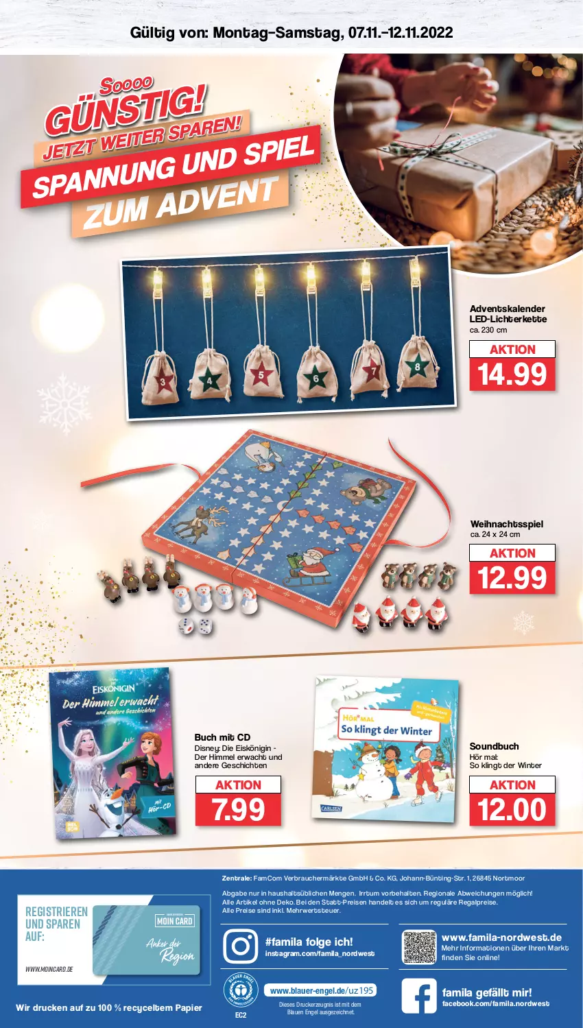 Aktueller Prospekt Famila - Prospekte - von 07.11 bis 12.11.2022 - strona 8 - produkty: Adventskalender, auer, buch, disney, drucker, eis, Eiskönigin, Engel, gin, kerze, Kette, led-licht, LG, lichterkette, papier, Rauch, regal, reis, rwe, Soundbuch, Ti