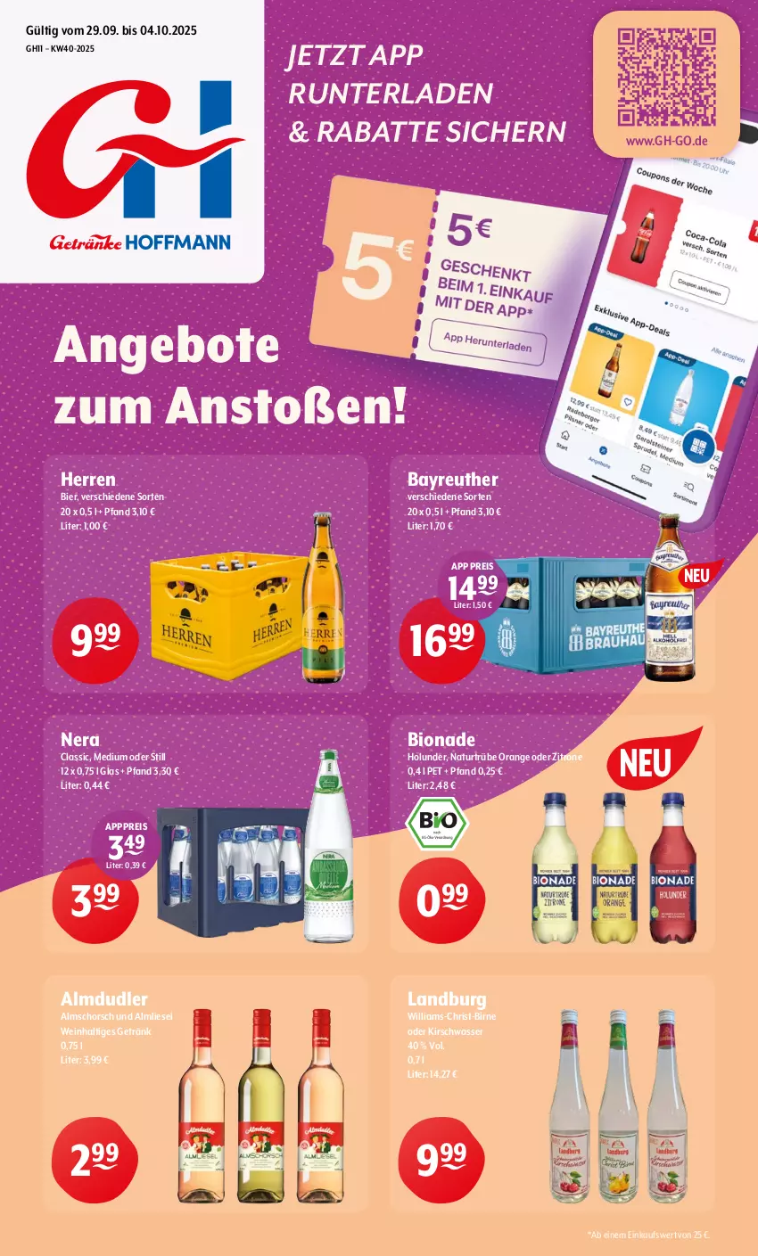 Aktueller Prospekt Getraenke Hoffmann - Prospekte - von 29.09 bis 04.10.2025 - strona 1 - produkty: almdudler, angebot, angebote, bier, bio, bionade, eis, getränk, holunder, kirsch, natur, orange, reis, Ti, wasser, wein, zitrone