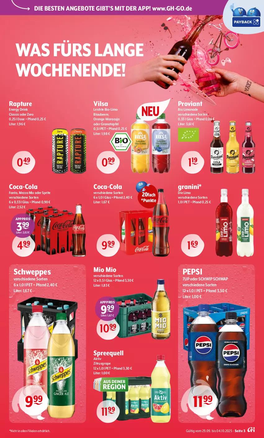 Aktueller Prospekt Getraenke Hoffmann - Prospekte - von 29.09 bis 04.10.2025 - strona 3 - produkty: 7UP, angebot, angebote, apfel, beere, bio, bio limo, Blaubeer, blaubeere, coca-cola, cola, drink, eis, energy drink, fanta, grana, granatapfel, granini, limo, limonade, maracuja, Mezzo Mix, Mio Mio, oder sprite, orange, pepsi, Proviant, Rana, reis, schweppes, Schwip Schwap, Spreequell, sprite, Ti, vilsa