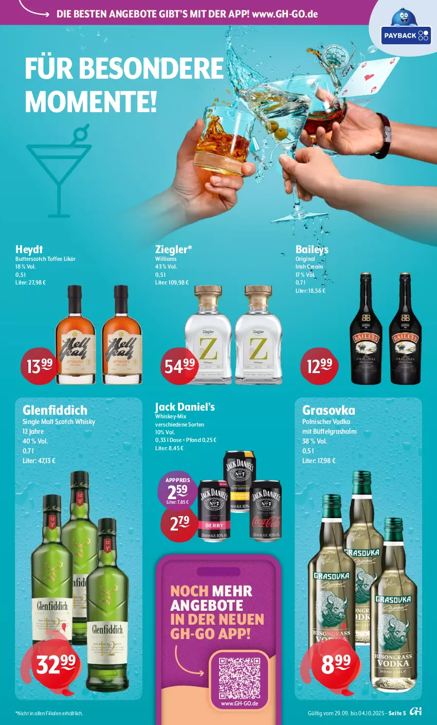 Aktueller Prospekt Getraenke Hoffmann - Prospekte - von 29.09 bis 04.10.2025 - strona 5 - produkty: angebot, angebote, baileys, butter, eis, ente, gin, irish cream, jack daniel, Jack Daniel’s, LG, likör, reis, scotch, scotch whisky, single malt, Ti, vodka, whiskey, whisky