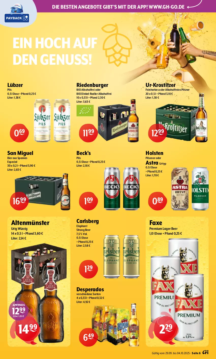 Aktueller Prospekt Getraenke Hoffmann - Prospekte - von 29.09 bis 04.10.2025 - strona 6 - produkty: alkohol, Altenmünster, angebot, angebote, Astra, axe, bier, bio, burger, carlsberg, desperados, eis, holsten, holsten pilsener, Lübzer, nuss, pils, pilsener, pilsner, radler, reis, Ti, urtyp