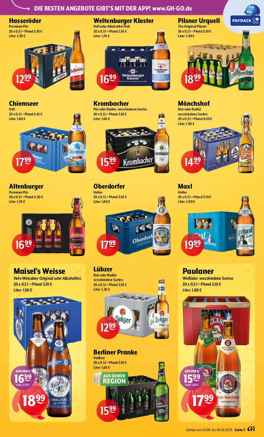 Aktueller Prospekt Getraenke Hoffmann - Prospekte - von 29.09 bis 04.10.2025 - strona 7 - produkty: alkohol, altenburger, angebot, angebote, berliner, bier, burger, eis, elle, gin, hasseröder, Hefe, krombache, krombacher, krombacher pils, Lübzer, mais, Maxl Helles, mönchshof, oder radler, Paula, paulaner, pils, pilsner, pilsner urquell, premium pils, radler, reis, Ti, weissbier