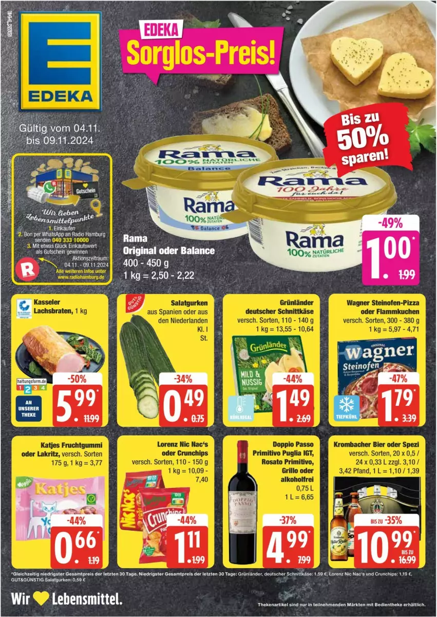 Aktueller Prospekt Edeka - Prospekte - von 04.11 bis 09.11.2024 - strona 1 - produkty: chips, crunchips, gin, grünländer, Käse, lebensmittel, lorenz, nic nac's, Radio, Ti, ZTE