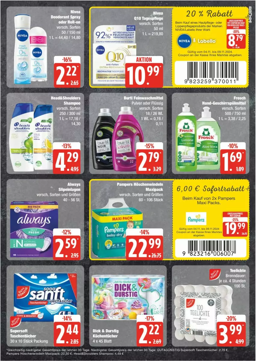 Aktueller Prospekt Edeka - Prospekte - von 04.11 bis 09.11.2024 - strona 17 - produkty: auer, coupon, eis, feinwaschmittel, Frosch, Hautpflege, küche, Küchen, küchentücher, Labello, Lippenpflege, nivea, pampers, reis, shampoo, slip, slipeinlagen, sofortrabatt, Tasche, taschen, taschentücher, Ti, tücher, waschmittel, windeln, ZTE