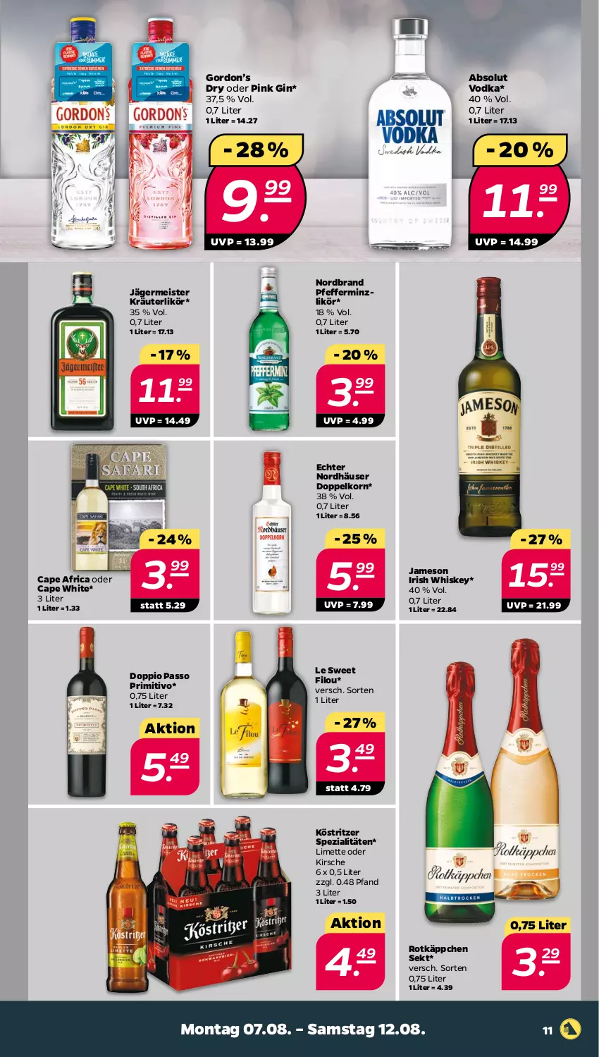 Aktueller Prospekt Netto - Woche 32 - von 07.08 bis 12.08.2023 - strona 11 - produkty: Absolut Vodka, Cap, doppelkorn, doppio passo, eis, Germ, gin, gordon, Gordon’s, irish whiskey, jägermeister, jameson, kirsch, kirsche, korn, köstritzer, kräuter, kräuterlikör, likör, limette, Meister, Mett, nordbrand, passo, pfeffer, pfefferminzlikör, primitivo, rotkäppchen, sekt, Spezi, Ti, vodka, whiskey