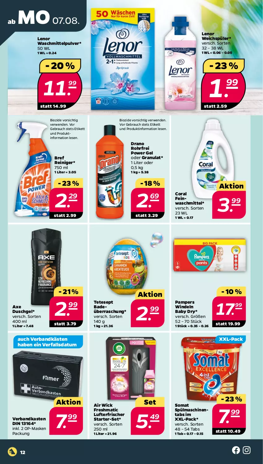 Aktueller Prospekt Netto - Woche 32 - von 07.08 bis 12.08.2023 - strona 12 - produkty: Air Wick, axe, axe duschgel, Bad, bio, Bref, Coral, duschgel, feinwaschmittel, lenor, lenor waschmittel, lenor weichspüler, lufterfrischer, Maske, ndk, pampers, Rauch, reiniger, rwe, somat, spülmaschinen, spülmaschinentabs, Ti, Verbandkasten, waschmittel, weichspüler, WICK, windeln