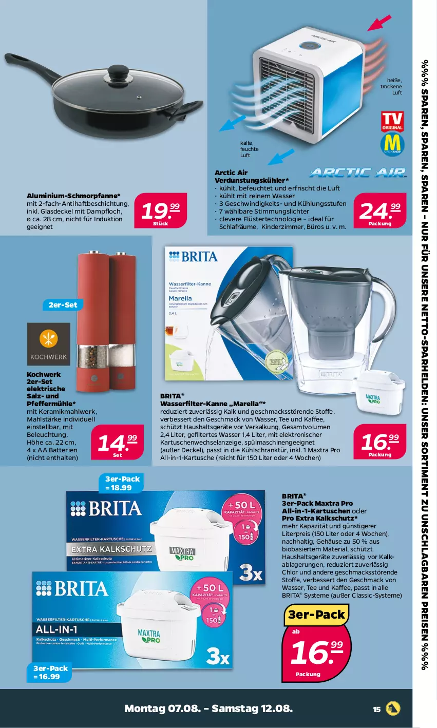 Aktueller Prospekt Netto - Woche 32 - von 07.08 bis 12.08.2023 - strona 15 - produkty: arctic air, batterie, batterien, beleuchtung, bio, brita, decke, Deckel, eis, Elan, Elektro, Glasdeckel, Haushaltsgeräte, kaffee, Kinder, Kinderzimmer, kühlschrank, mac, Maxtra, pfanne, pfeffer, Pfeffermühle, reis, rel, Ria, salz, schmorpfanne, Schrank, spülmaschinen, tee, Ti, wasser, wasserfilter