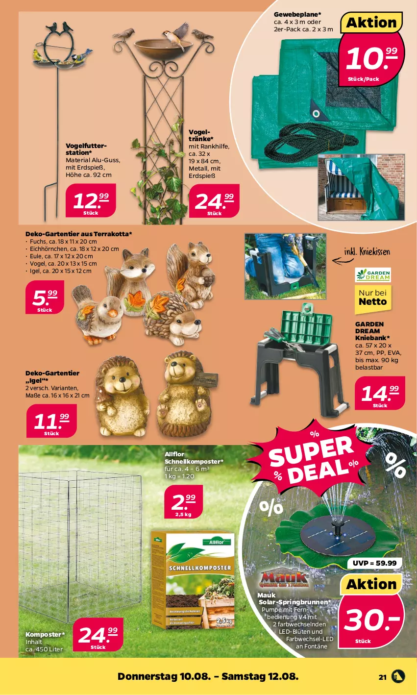 Aktueller Prospekt Netto - Woche 32 - von 07.08 bis 12.08.2023 - strona 21 - produkty: Bank, Blüte, brunnen, fernbedienung, Garten, Gewebeplane, hörnchen, kissen, Kniekissen, Komposter, mit fernbedienung, Ria, ring, Ti, Vogelfutter