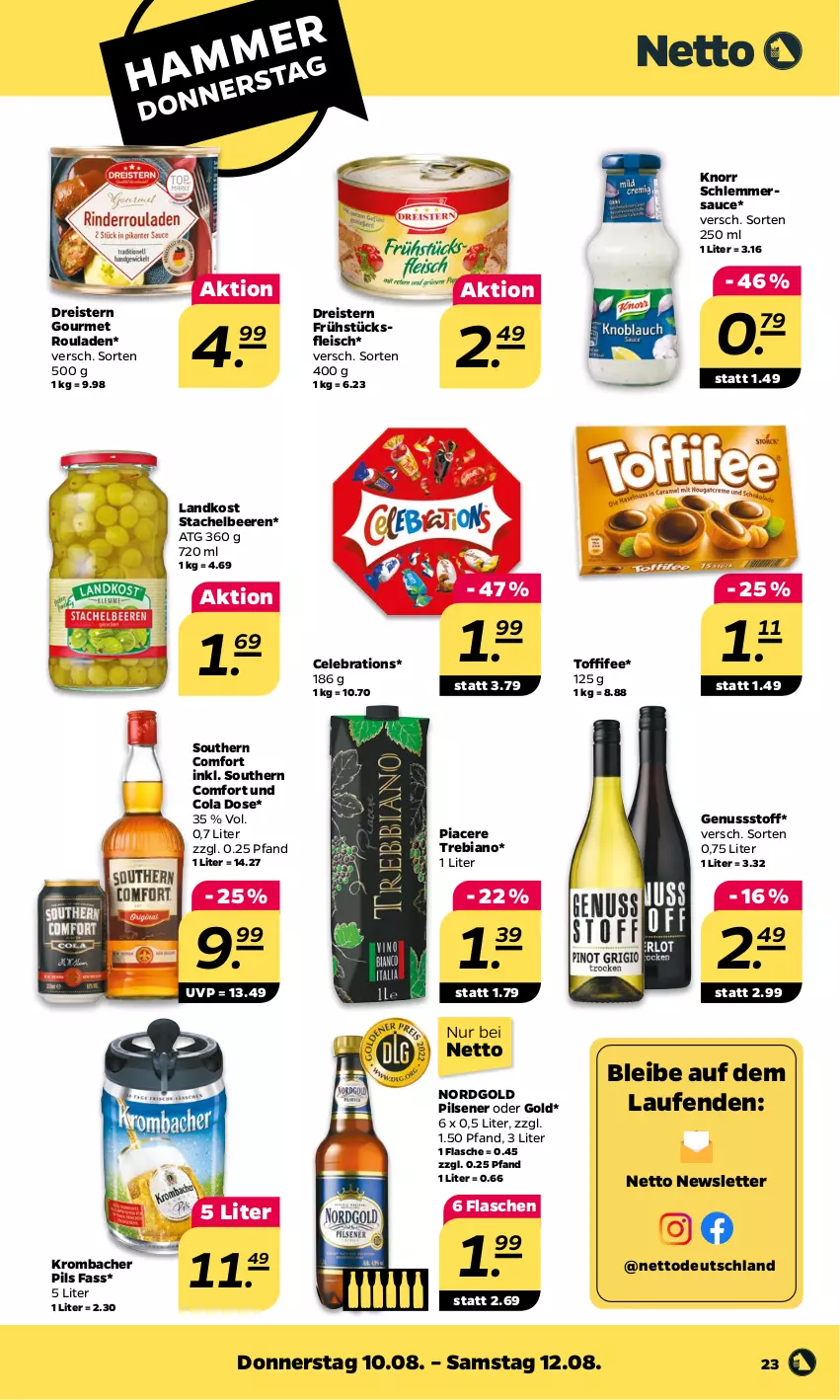 Aktueller Prospekt Netto - Woche 32 - von 07.08 bis 12.08.2023 - strona 23 - produkty: acer, beere, beeren, cola, dreistern, eis, flasche, fleisch, frühstücksfleisch, knorr, krombache, krombacher, krombacher pils, Laufen, ndk, nuss, pils, pilsener, reis, rouladen, sauce, schlemmersauce, Southern Comfort, Stachelbeeren, Ti, toffifee