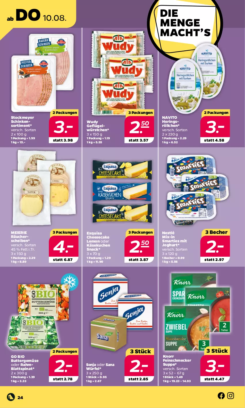 Aktueller Prospekt Netto - Woche 32 - von 07.08 bis 12.08.2023 - strona 24 - produkty: Becher, bio, blattspinat, butter, cheesecake, eier, exquisa, feinschmecker, Geflügel, hering, Herings, joghur, joghurt, Käse, käsekuchen, knorr, kuchen, nestlé, ring, sana, schinken, smarties, snack, spinat, stockmeyer, suppe, Ti, würfel, würstchen