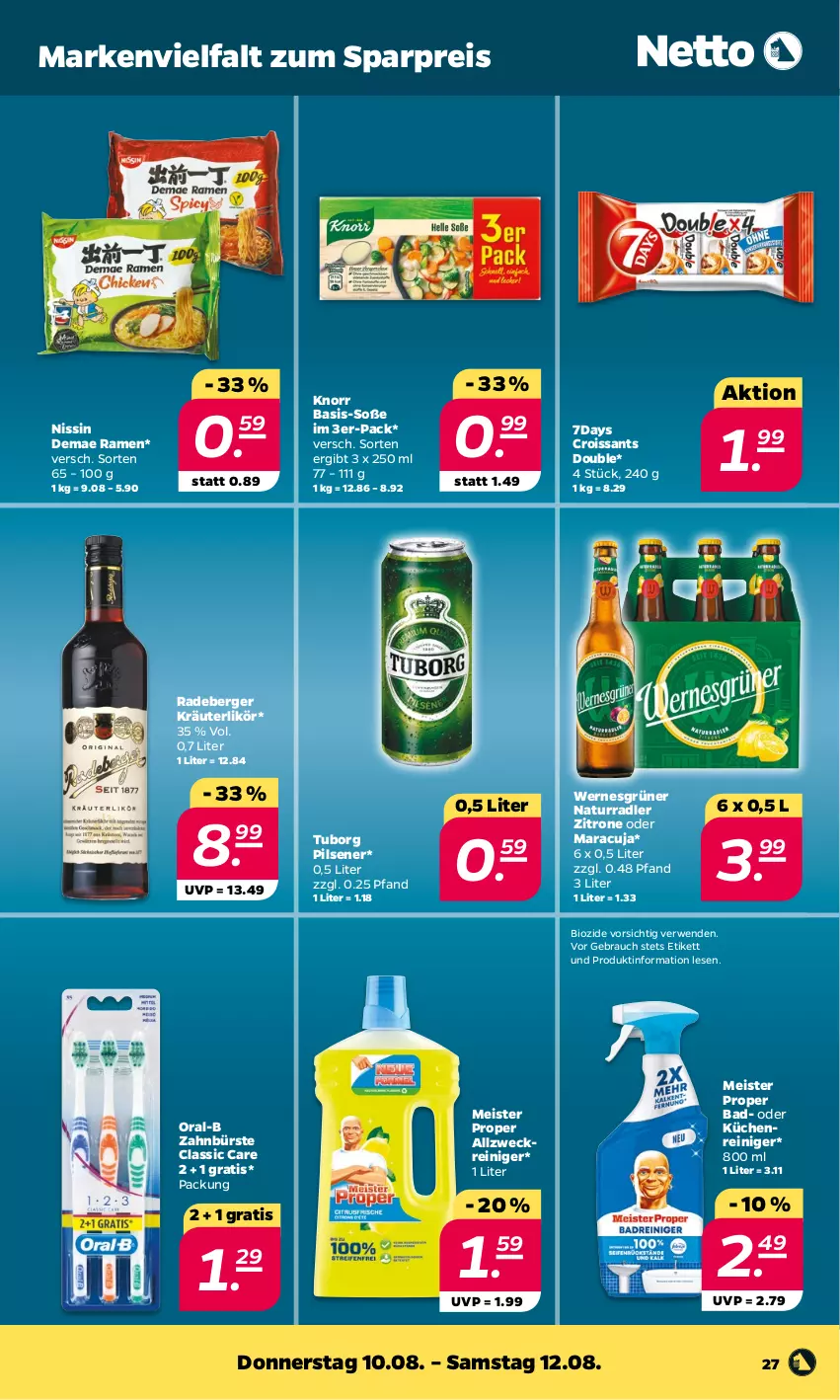 Aktueller Prospekt Netto - Woche 32 - von 07.08 bis 12.08.2023 - strona 27 - produkty: Bad, Berger, bio, bürste, Croissant, croissants, eis, knorr, kräuter, kräuterlikör, küche, Küchen, likör, maracuja, Meister, meister proper, natur, Nissin, oral-b, pils, pilsener, radeberger, radler, Rauch, reiniger, reis, rwe, Soße, Ti, weck, zahnbürste, zitrone