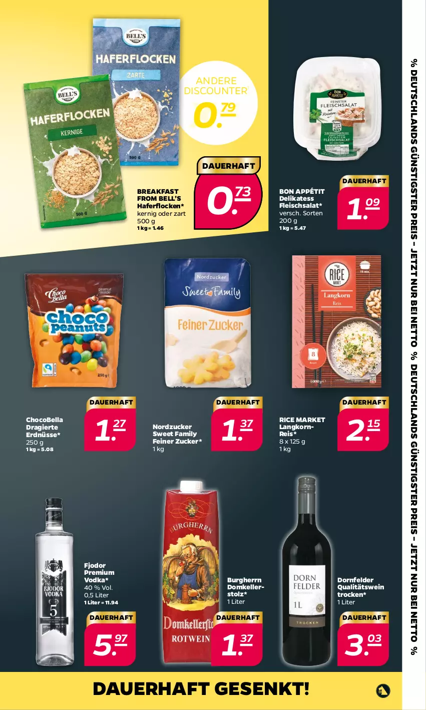 Aktueller Prospekt Netto - Woche 32 - von 07.08 bis 12.08.2023 - strona 31 - produkty: auer, discount, dornfelder, eis, elle, erdnüsse, fleisch, fleischsalat, hafer, haferflocken, korn, Langkornreis, nordzucker, premium vodka, qualitätswein, reis, salat, Sweet Family, Ti, vodka, wein, zucker