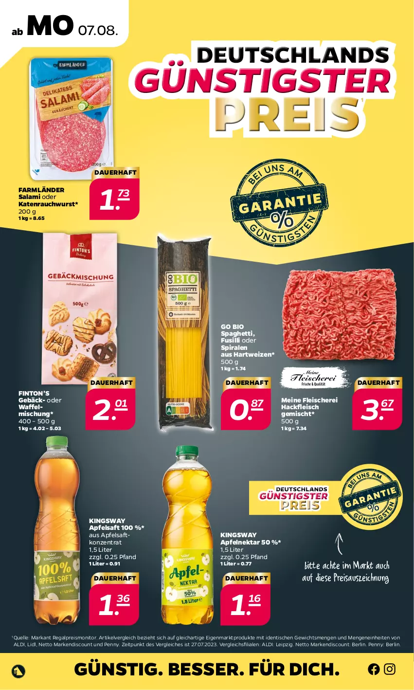 Aktueller Prospekt Netto - Woche 32 - von 07.08 bis 12.08.2023 - strona 32 - produkty: aldi, apfel, apfelsaft, auer, bio, discount, eis, elle, fleisch, Fleischerei, fusilli, gsw, hackfleisch, hackfleisch gemischt, hartweizen, monitor, Nektar, Rauch, regal, reis, saft, salami, Schere, spaghetti, Ti, tisch, wurst